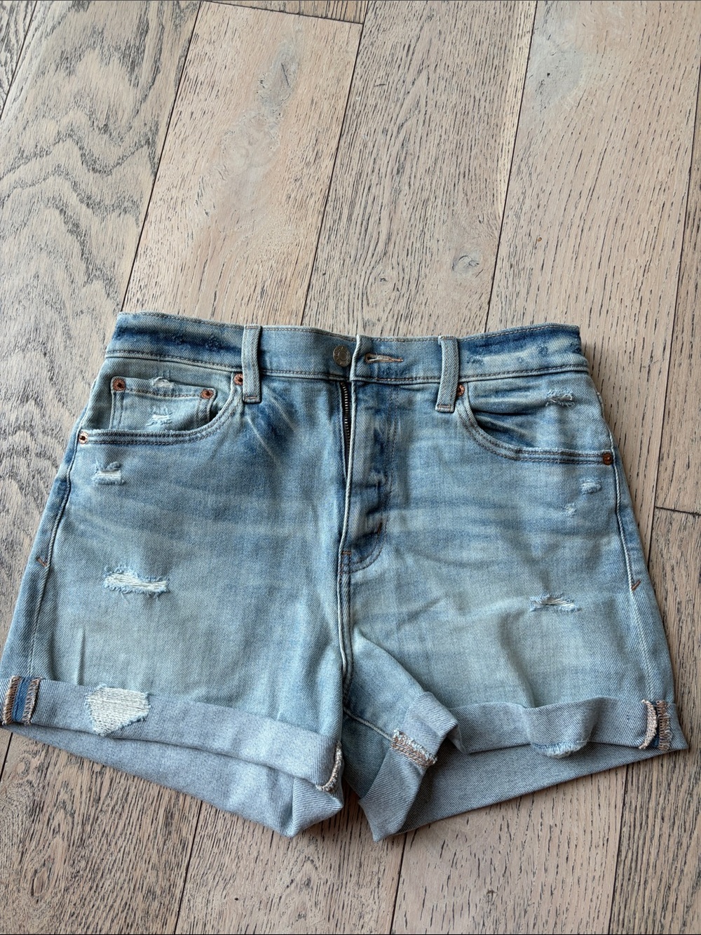 Women's Light Blue Distressed Rolled-Hem Jean Shorts